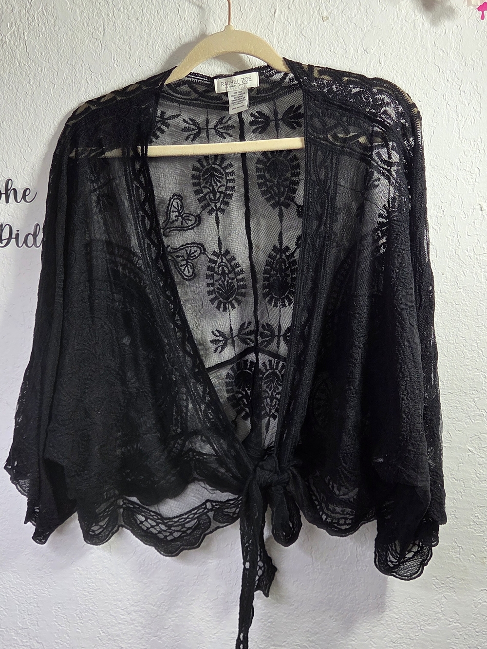 RACHEL ZOE Black Lace Tie-Front Boho Cardigan Kimono Jacket One Size / XL